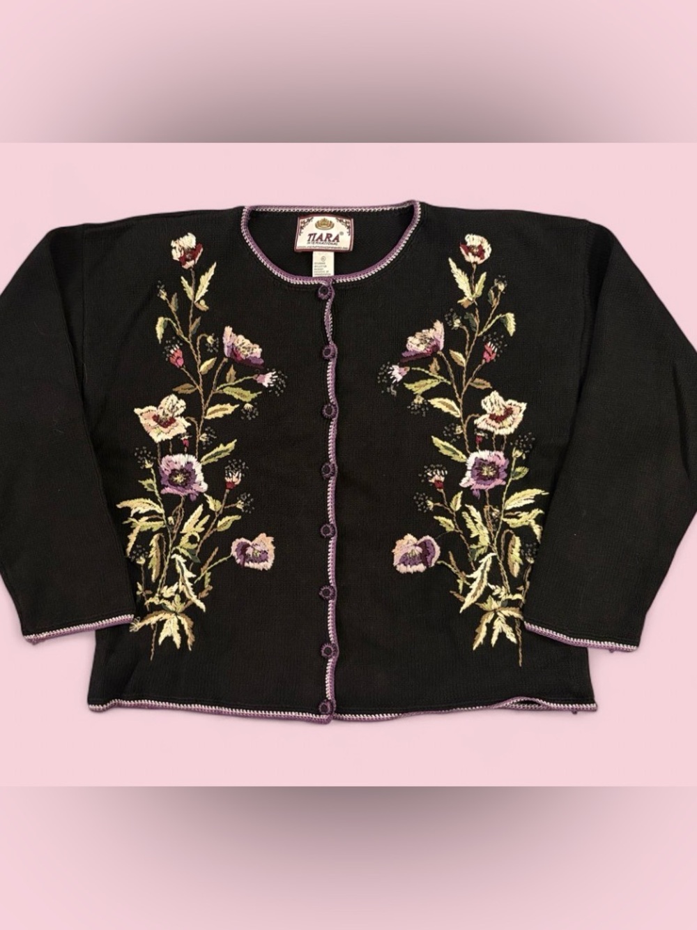 Vintage Tiara International Black Floral Embroidered Cardigan Size XL